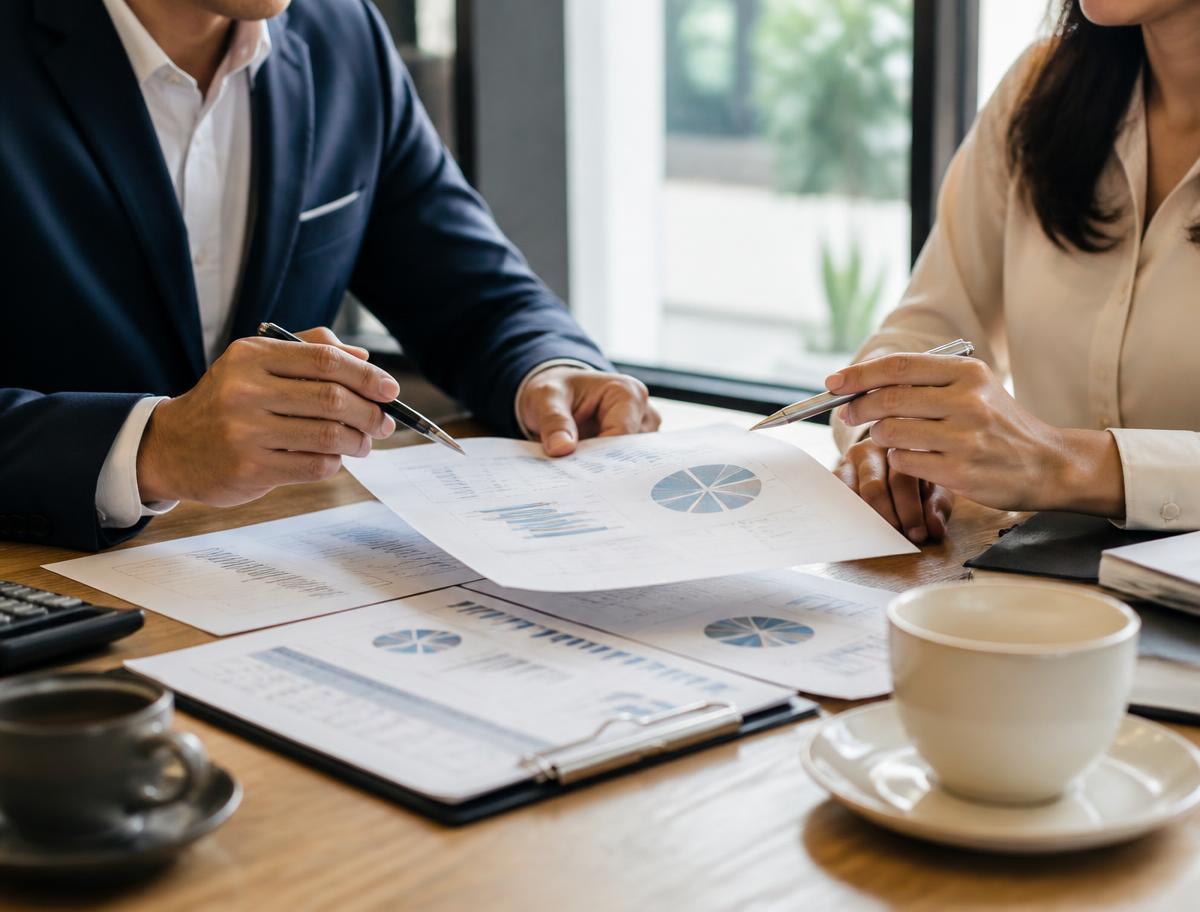 Two people reviewing financial documents at a table