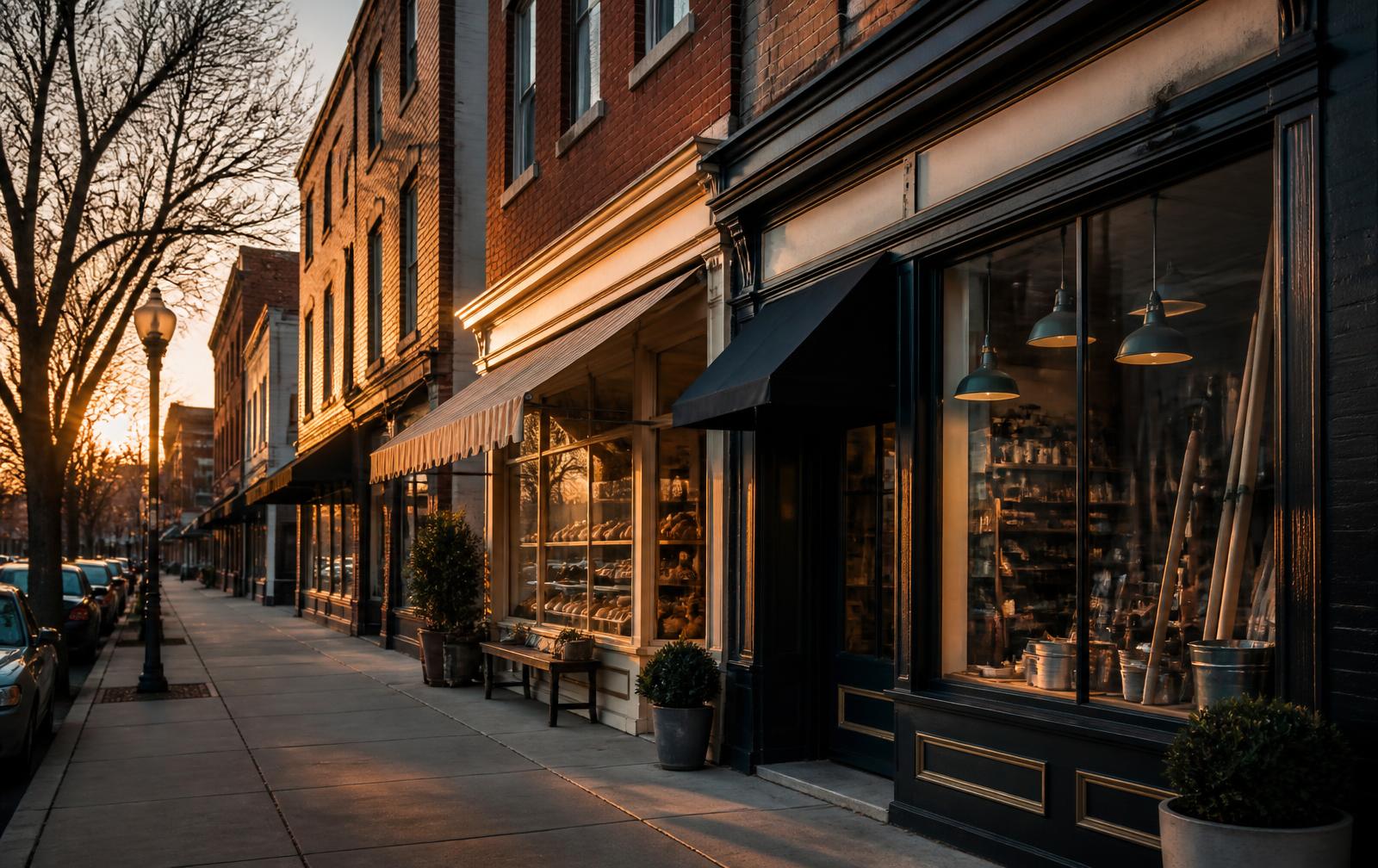 Brick storefronts on a Wisconsin main street at sunset